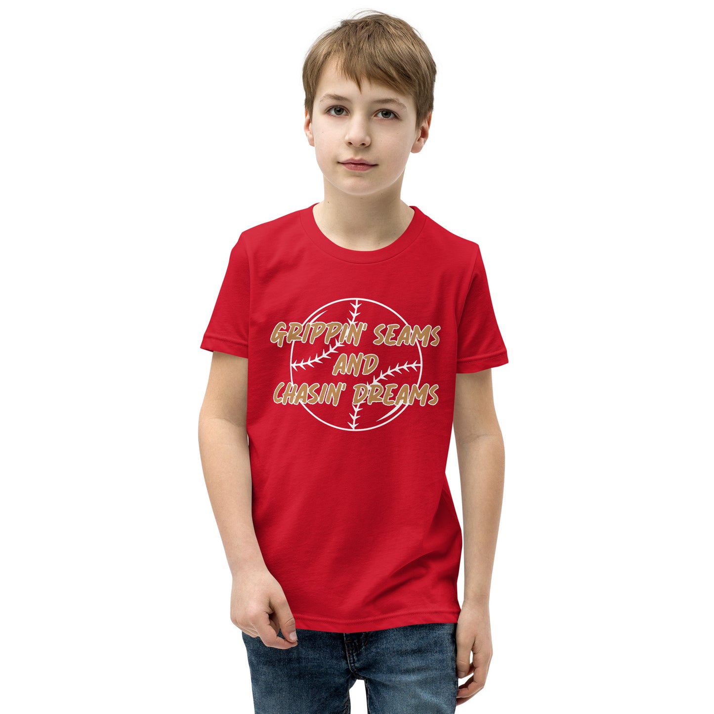 Grippin' Seams & Chasin' Dreams - Youth Baseball Tee - Youth Short Sleeve T-Shirt